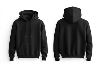 Black hooded sweatshirt displayed from front and back in studio setting with neutral background