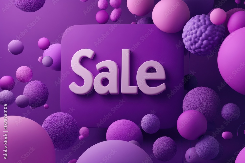 Poster colorful abstract design featuring a bold sale announcement with floating shapes against a purple ba