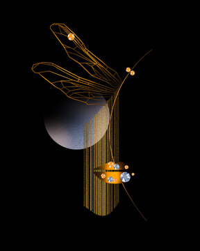 Abstract geometric dragonfly with gold and jewels on a black background