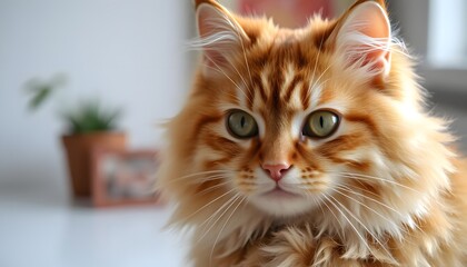 Majestic ginger Maine Coon cat with intense green eyes and fluffy fur in close-up portrait