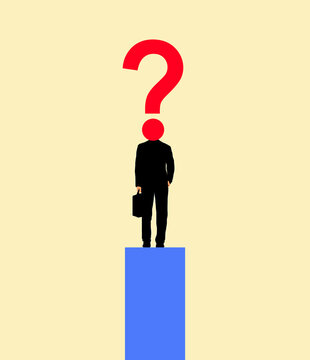 Silhouette of a businessman with a question mark head standing on a platform