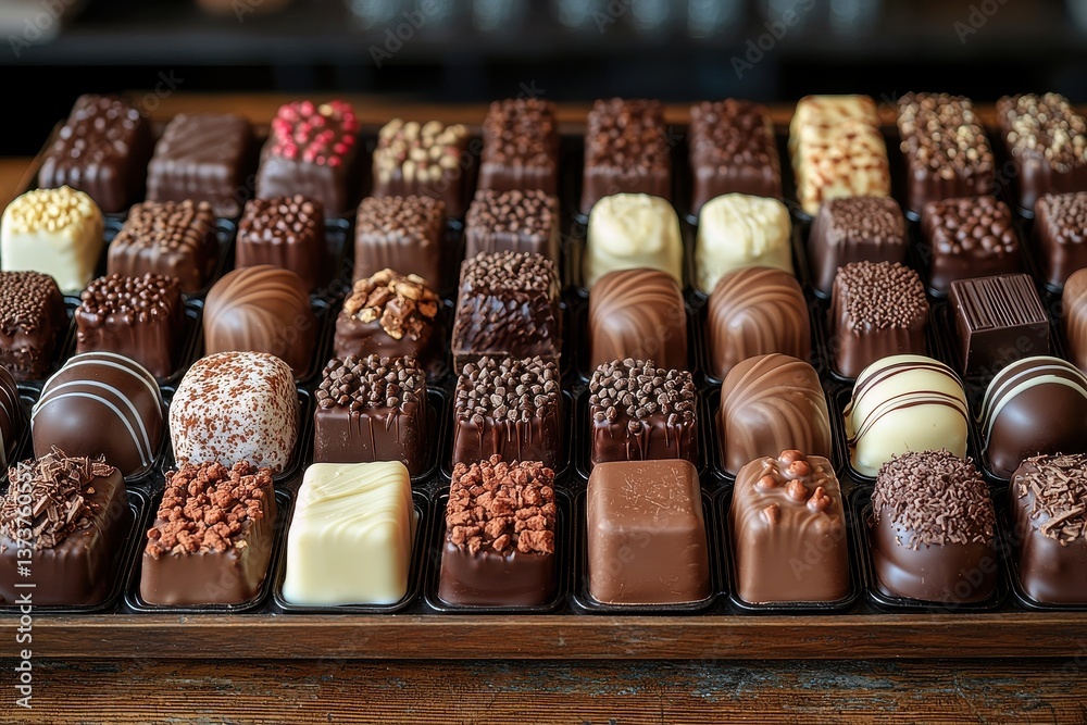Aufkleber wide array of artisanal chocolates displayed on a wooden counter in a cozy shop