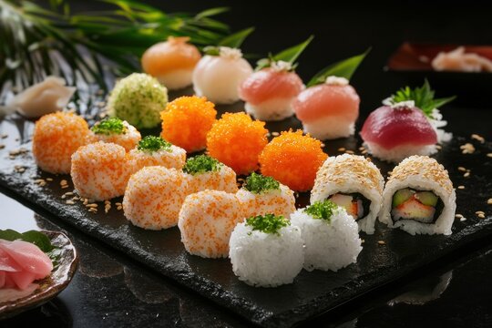 Variety of colorful sushi rolls being served on a black slate platter - Powered by Adobe