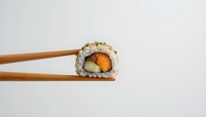 Chinese chopsticks holding sushi roll isolated on light gray background with copy space. 