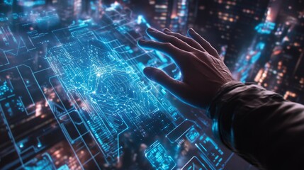 A high-tech hand exploring an interactive glowing map interface, showcasing advanced technology and connectivity in a vibrant futuristic city backdrop.. AI Generation
