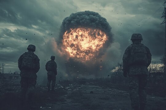 Soldiers watching huge explosion after military action in war zone