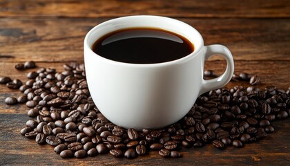 Naklejka premium Steaming Mug of Fresh Brewed Coffee Surrounded by Aromatic Roasted Coffee Beans on Wooden Table