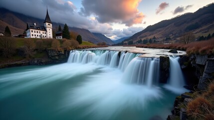 A high-quality photo of Rhine Falls in Switzerland at dawn with cloudy conditions, taken from a standard perspective, showing the massive waterfall amidst soft, diffused light.