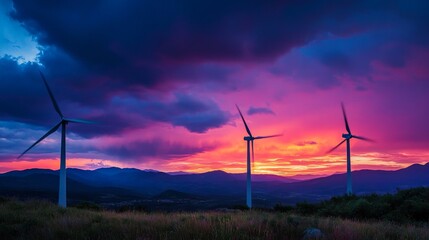 Obraz premium A striking landscape of a mountain valley during sunset, with wind turbines standing tall as symbols of renewable energy and a sustainable future.. AI Generation