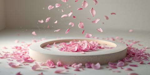 Pink Petals Falling Around a Circular Platform