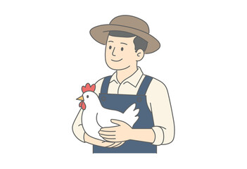 農家, 男性, 畜産, 養鶏, 鶏, ニワトリ, 家畜, たまご, 食育, 農業, 農業男子, 田舎暮らし, 自給自足, エプロン, 帽子, 飼育, 手に持つ, 笑顔, 人物, イラスト, ベクター, シンプル, カラー, 無背景, ファーム, 農場, 食料自給率, 地産地消, 鶏肉, 食材, 収穫, 生産者, 持続可能, サステナブル, 安心安全, 家庭菜園, 鳥類, 農村, 人, manga,