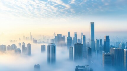 Fototapeta premium Serene City Skyline Above Fog and Clouds at Sunrise in Urban Landscape