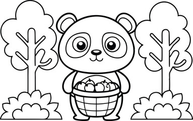 Outline Panda Holding Apple Basket with Trees in a White Background Drawing