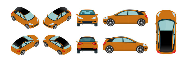 3D Orange Electric Car Vector Template: Isometric Views and Mockups for Hatchback and Sedan - Front, Rear, Side, and Top Perspectives