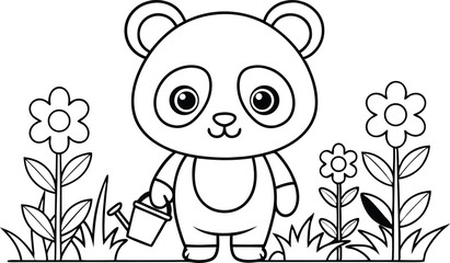 Cute Panda Outline with Watering Can in Flower Garden, Line Art