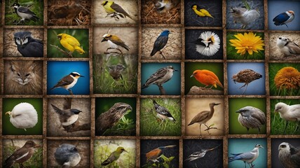 A vibrant collage featuring various bird species showcasing their unique colors and characteristics.