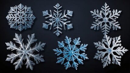 A collection of intricate snowflake designs showcasing delicate patterns and icy blue hues.