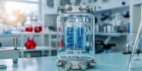 hydrogen storage research concept. Laboratory glassware with scientific equipment in the background.