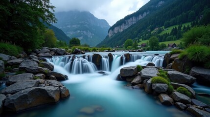 Fototapeta premium A high-quality photo of Reichenbach Falls in Switzerland, Europe, during dusk with rainy weather, taken from a normal perspective. The wet, misty falls create a dramatic