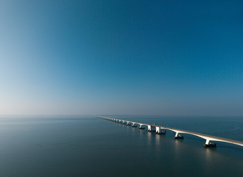 Aerial view of the Zeelandbrug bridge over the Oosterschelde tidal estuary in the Netherlands