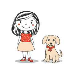 Vector illustration in doodle style of a girl and a dog, friendship, love for animals