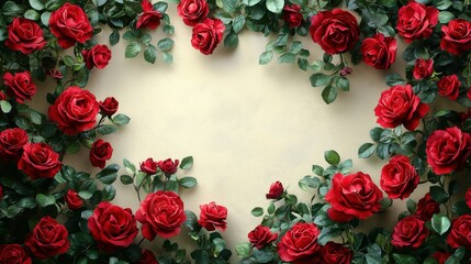 Cream wall bursts with vibrant red roses and lush green leaves, creating a striking, symmetrical display