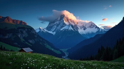 A detailed, high-quality photo of Mount Pilatus in Switzerland, Europe at night with sunny conditions, shot from an ordinary perspective, capturing warm sunlight on the mountain.