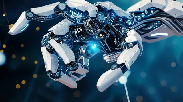 A close-up of a robotic hand highlights intricate details of its design, demonstrating advanced technology and craftsmanship
