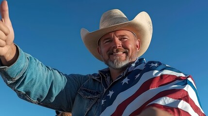 Cowboy in Hat with American Flag Enjoying Outdoor Celebration