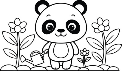 Cute Panda with Watering Can Surrounded by Flowers Outline on Transparent Background