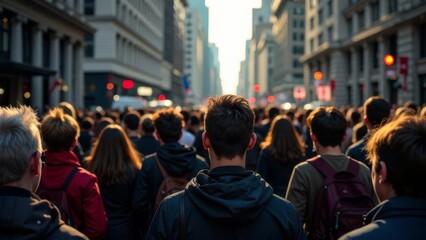 Peaceful gathering of people standing in city street at sunset. The warm golden light highlights their silhouettes as they calmly participate in a demonstration. Big crowd marching.