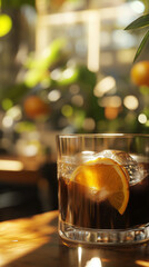 A minimalist high-end product photography shot of a ice bumble coffee (Bumblebee coffee). Orange coffee, tonic, coffee lemonade	