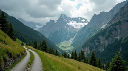 Fototapeta premium A detailed photo of Oberalp Pass in Switzerland during midday with rainy conditions, captured from a normal viewpoint, with misty and dramatic natural scenery.