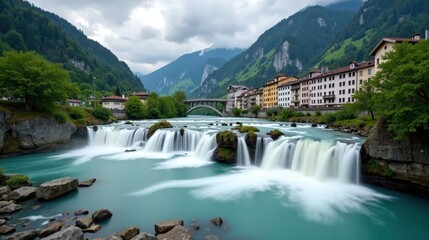 Fototapeta premium A breathtaking view of Rhine Falls in Switzerland during cloudy midday, captured from an ordinary perspective with lush green surroundings and mist rising from the falls.