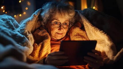 Cozy Evening with Elderly Woman Using Tablet in Soft Lighting
