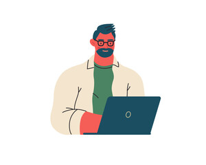 Writing people, modern flat vector concept illustration- sitting man thoughtfully writing on laptop. Metaphor for reflection, personal insight, contemplation, creative expression
