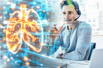 Doctor using augmented reality technology for lung analysis in an office