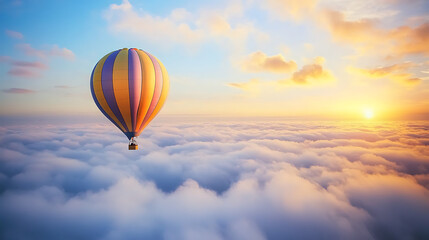 Obraz premium Colorful hot air balloon floating high in the blue sky with clouds, representing adventure and travel