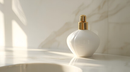Elegant white bottle with gold accents, bathed in sunlight on a marble surface. Minimalist beauty concept.
