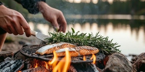 Enjoying freshly grilled fish over an open fire at a scenic lakeside camping spot during a summer adventure