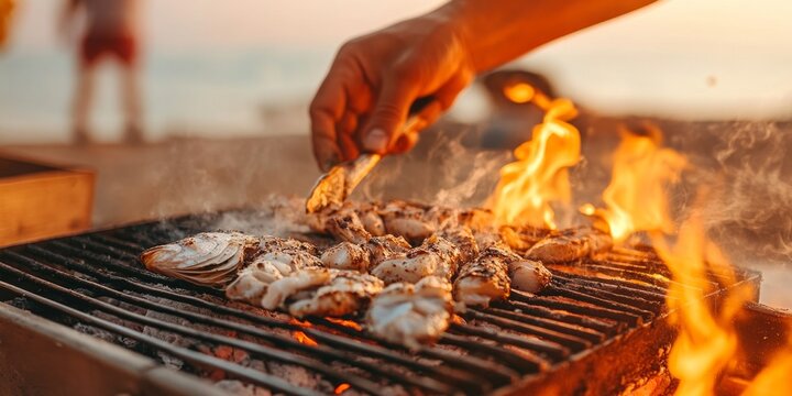 Grilling fresh seafood by the beach during sunset while camping adventures unfold in the background