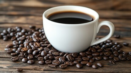 Fototapeta premium Steaming Cup of Freshly Brewed Black Coffee Surrounded by Roasted Beans on a Rustic Wooden Table