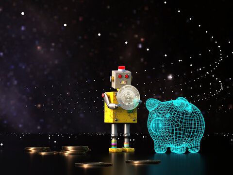 3D rendering of a robot with a bitcoin and a digital piggy bank in a futuristic setting