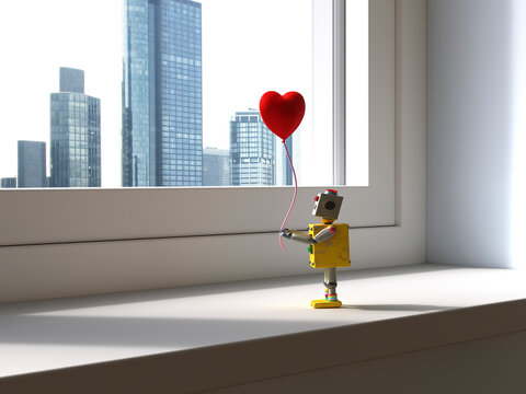 3D rendering of a robot holding a heart-shaped balloon by a window with a cityscape view