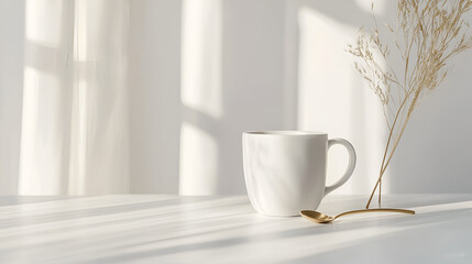 Minimalist still life with a mug, spoon, and dried floral arrangement bathed in natural light.