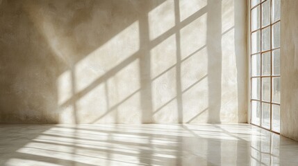 Fototapeta premium Sunlight streams through window casting shadows on a textured wall