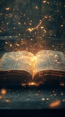 Fototapeta premium An open book emits golden sparks and glowing embers, creating a magical ambiance. The dark, mystical background accentuates the illuminated text, ideal for fantasy, knowledge, or magic-themed concepts