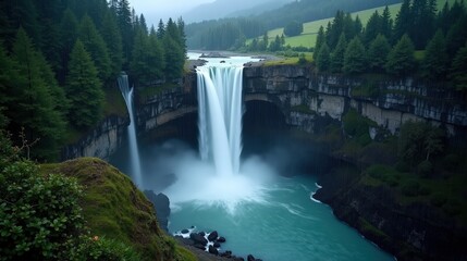 Naklejka premium A professional photo of Reichenbach Falls in Switzerland at night, rainy weather, shot from above, capturing the flowing water with reflections and rain droplets.