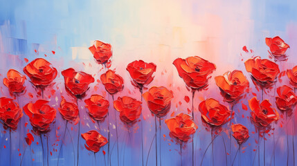 Vibrant red roses bloom against a soft pastel background in an artistic display