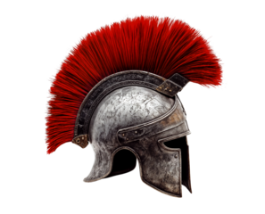 A Greek warrior metallic helmet with a red plume. The helmet has a shiny, reflective surface and intricate designs on the cheek guards. isolated over transparent background, PNG cut-out	
